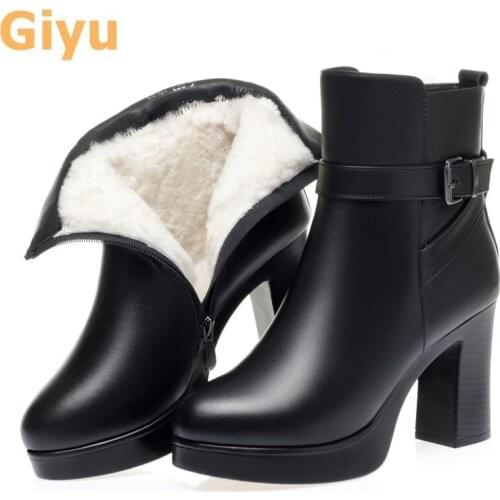Giyu Female Genuine Leather Womens shoes 2020 winter wool boots High heels Short ankle boots Cowhide snow boots Womens boots