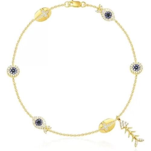 100% Pure 925 Sterling Silver CZ Zircon Marine Element Small Fish Anklet Bone Blue Eyes Bracelet for Women Summer Jewelry