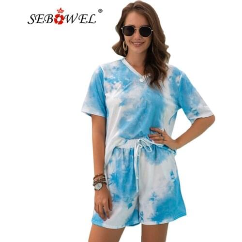 SEBOWEL New Womens Tie-Dye Suit Summer Print Short Sleeve Shorts Outfits Sets Female Casual Loose T-shirt Shorts Two Pieces