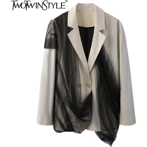 TWOTWINSTYLE Khaki Patchwork Mesh Blazer For Women Notched Long Sleeve Hit Color Korean Casual Blazers Female New Spring Fashion