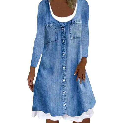 Imitation Denim Dress Fake Two Piece Large Hem Autumn Round Neck Single-breasted Dress Streetwear Casual Women Clothing vestidos