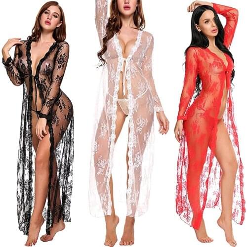 Hot Porno Sexy Women Lingerie Long Dress Erotic Bath Robe Lace Babydoll Sleepwear See Through Underwear Plus Size Nightgowns