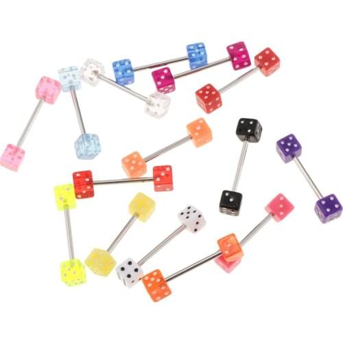 15x Lot Tongue Stud Barbells 14G Stainless Steel Barbell Acrylic Dice End
