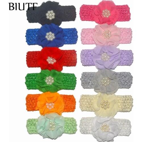 24pcs/lot Crochet Elastic Headband with 3 inch Beaded Chiffon Flower Fit for New Born Kids HB040