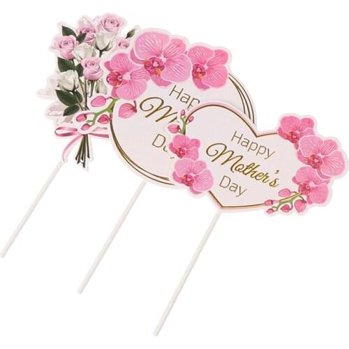 3styles Happy Mother`s Day Cake Topper For Mother`s Day Gift Cupcake Dessert Supplies Pink Heart Flower Rose Toppers Decoration