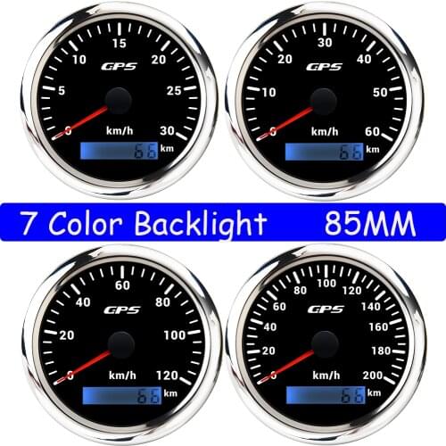 30/60/120/200KM/H Car GPS Speedometer Gauge With GPS Antenna 7 Color Backlight fit for Motorcycle Black Silver Speed Meter 85MM