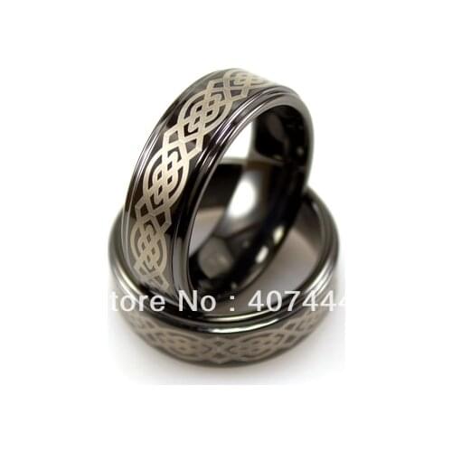 Free Shipping!Wholesales USA Hot Sales E&C Jewelry Mens Tungsten Black Stepped Edge Ring Etched Design His/Her Best Wedding Ring