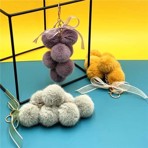 Creative Grape Fruit Keychain Cute Bag Plush Pendant Lace Bow Hair Ball Car Keychain Child Keychain Kid Girl Pendant Gift