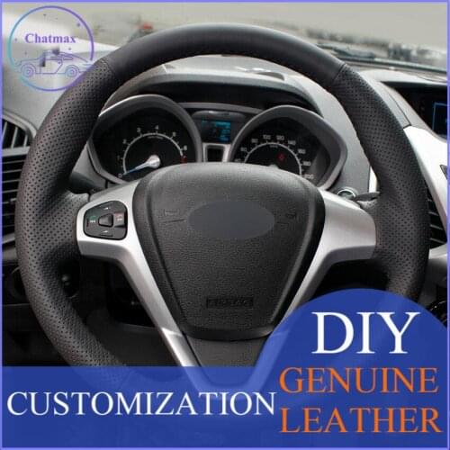 For Ford Fiesta 2008-2013 hand-sewn steering wheel cover black artificial leather anti-slip design all season
