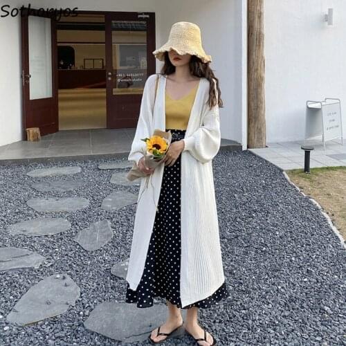 Women Cardigan Lantern Sleeve Thin Soft Solid Elegant Gentle Korean Style Sun-proof Knee-length Casual Spring New Outwear Trendy