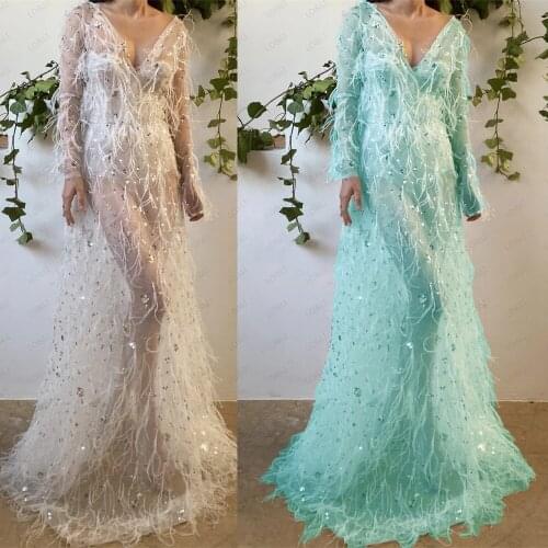 LO&LI Lace With Feather Long Sleepwear Wedding Gown Full Sleeves Robe Chemise Dress Perspective Sexy Women Erotic Feathers