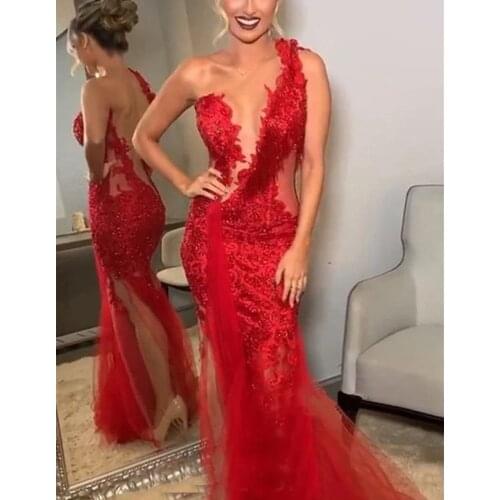 Lace prom dresses 2020 one shoulder lace appliques beading mermaid side slit red evening dresses gowns