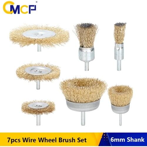 CMCP Electric Grinder Wire Brush Drill Removal Rust 7pcs Brass Coated Wire Brush With 6mm Shank Polishing Grinding Rotary Tool
