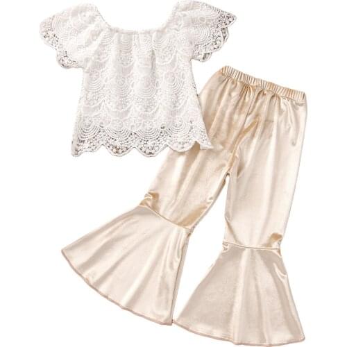 Summer Kids Baby Girl Outfits Two-piece Solid Color Lace Hollow Short-Sleeves White T-Shirt+Velvet Flared Trousers for Girl 1-6Y