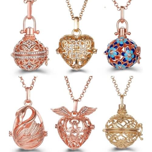Locket Jewerly Necklaces Rhinestone Rose Gold Plated Mexico Chime Bell Lava Stone Aromatherapy Essential Oil Diffuser Necklace