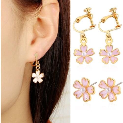 Sweet romantic pink flower pearl earrings Enamel Sakura drop earrings for women girls fashion jewelry