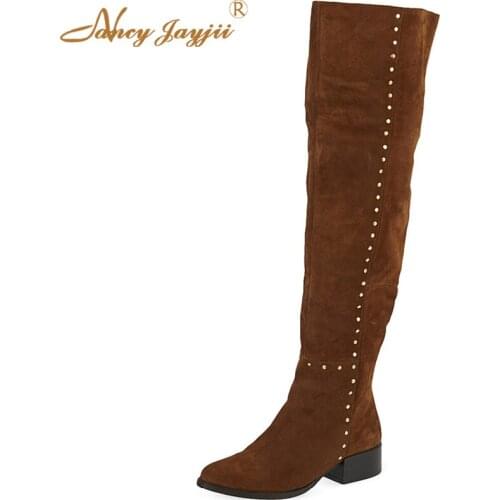 2021 Women Black Round Toe Dot Rivets Decorated Flat Heels Knee High Tall Boots Shoes plus size 140winter boots shoes for woman