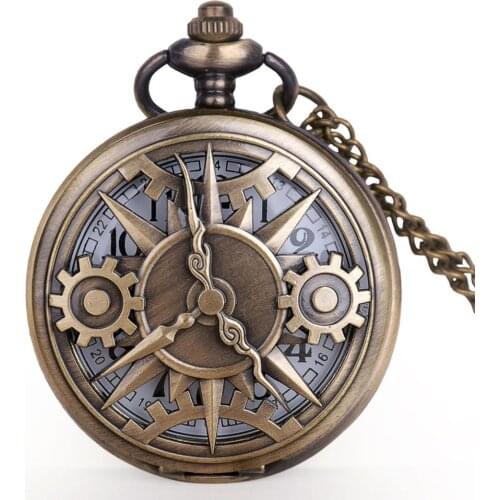 Wholesale Exquisite Half Hunter Gear Wheel Pocket Watch Vintage Quartz Pocket Watch Necklace Chian Best Gift for Men Women