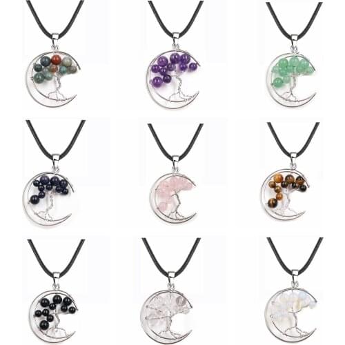 ASHMITA 9 Color Tree of Life Crescent Moon Necklace Bronze Copper Wire Wrap Natural stone Healing Crystal Pendant Reiki Jewelry