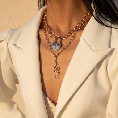 New Simple Snake Pendant Metal Double Chains Necklace European & American Retro Heart-Shaped Hip Hop Fashion Jewelry Wholesale