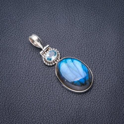 StarGems Natural Blue Fire Labradorite Blue Topaz Handmade 925 Sterling Silver Pendant 2" E3718