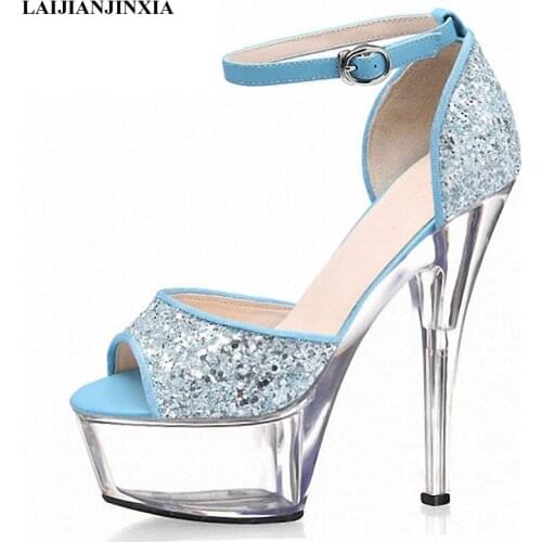 New 15 cm high heels, high heels, high heeled platform sandals, fine silver shiny vamps, dancing shoes