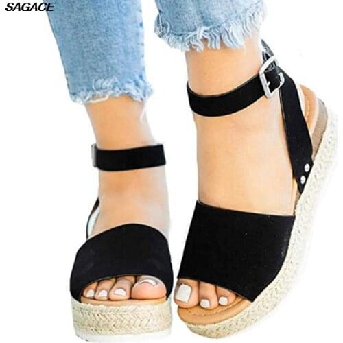 SAGACE Casual Womens Rubber Sole Studded Wedge Buckle Ankle Strap Open Toe Sandals Sandalia Feminina Beach Summer Shoes Praia