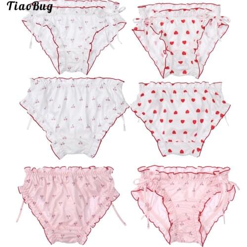 Women Students Cute Soft Cotton Briefs Low Waist Straps Self Tie Side Closure Cherry Hearts Print Ruffle Lace Panties Underwear