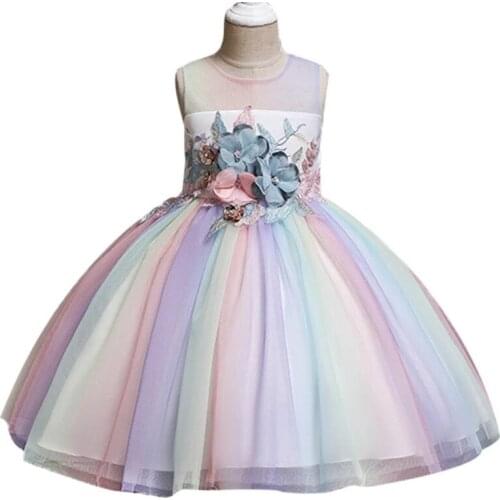 2019 Summer Girls Party Dresses Ball Gown Teen Baby Girl Wedding Princess Dress Kids Birthday Rainbow Dress Childrens Clothing