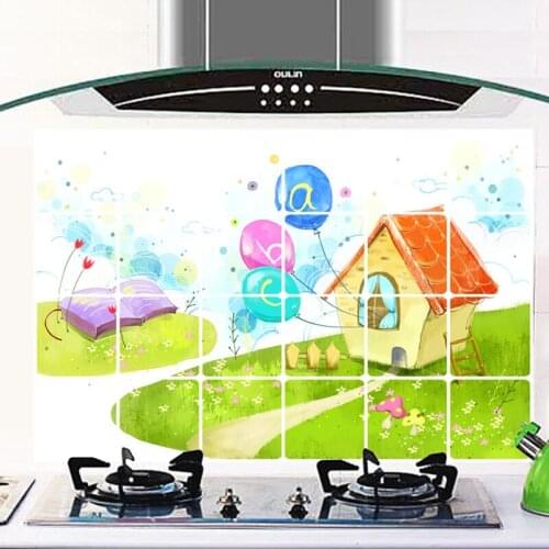Balloon House Pattern Kitchen Sticker Thicken Aluminum Foil Oilproof Waterproof Wall Sticker Self Adhesive Wallpapers Art Decals