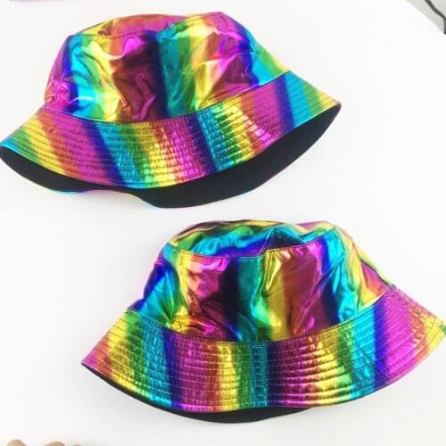 INS Colorful Bright Leather Double-sided Wearing Pot Hat Hip-hop Street Hip-hop Color Foldable Sunscreen Fisherman Hat