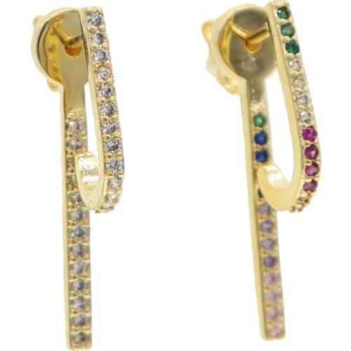 2020 trendy design geometric J letter tiny bar rainbow cz double sided earrings women minimal delicate colorful cz earr jewelry