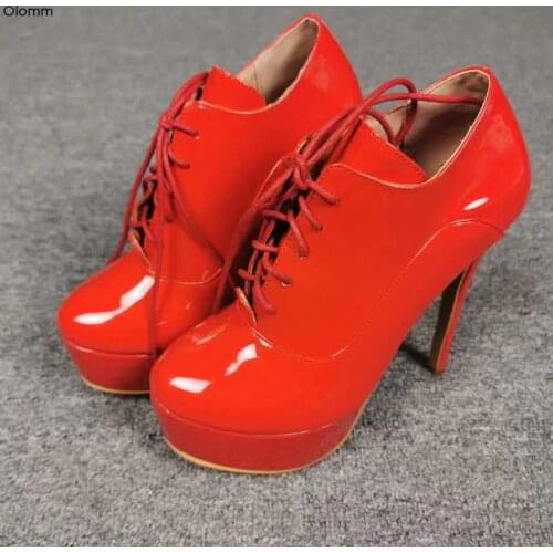 Olomm Women Platform Pumps Sexy Stiletto High Heels Pumps Round Toe Gorgeous Shiny Black Red Party Shoes Women Plus US Size 5-15
