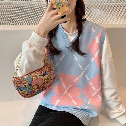 Sweater Vest Women 2021 Korean Style Cute Pink Teddy Bear Argyle V Neck Sleeveless Pullover Knitted Tank Tops Waistcoat T664