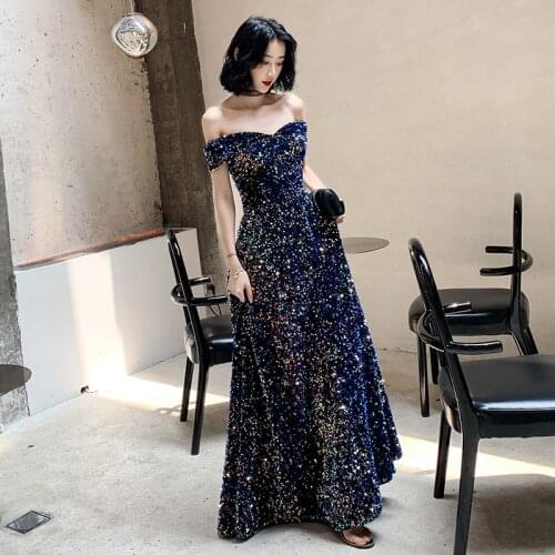2020 New Listing Off-the-shoulder Sequin Evening Gown Long Paragraph Bridal Dress Fashion Party Temperament Elegant Prom Gowns