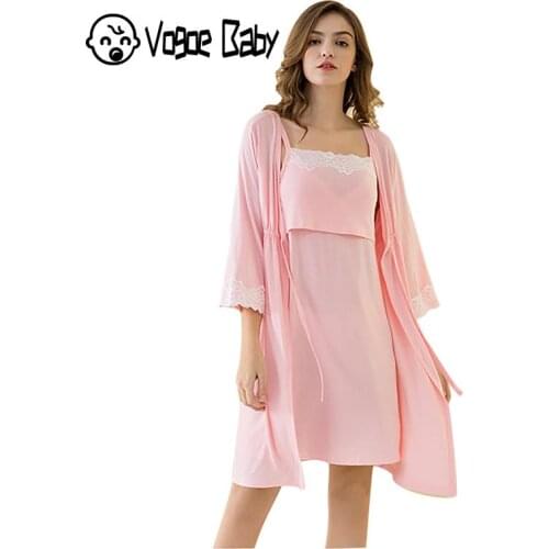 2pcs/set Pregnancy Pajamas Sleepwear Nursing Pregnant Woman Sling Breastfeeding Nightgown Maternity Labor Dress+Robe Childbirth