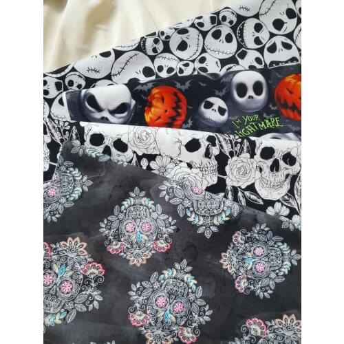 30 X 25cm Skull pumpkin Cotton Black Dirty pink Flora Pistol Rose Printed Fabric Patchwork Home Decor Dress Clothing viaPhil DIY