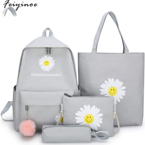 4pcs/set Canvas Women Backpacks Schoolbag Printing Cute Flowers School Bag Backpack For Teenager Girls Rucksack Contracted Bag