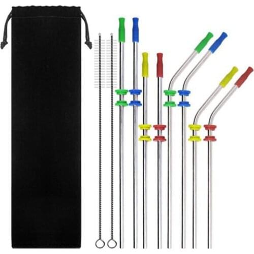 8Pcs/lot Metal Straw Reusable Colorful Silicone Stainless Steel Drinking Straw Set for 20/30 oz Cup Metal Straw Cleaners Bag