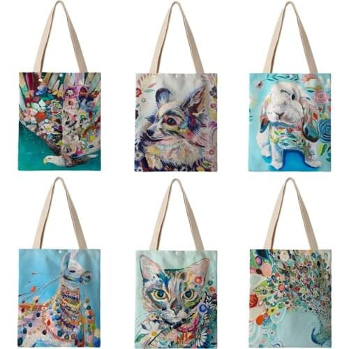 Watercolor Animal Print Canvas Bags for Women Lady Abstract Cat Dog Pattern Reusable Shopping Bag pockets inside AKB01264