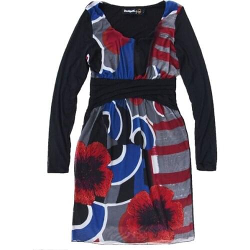 Spanish womens black gold mesh Print Long Sleeve Dress