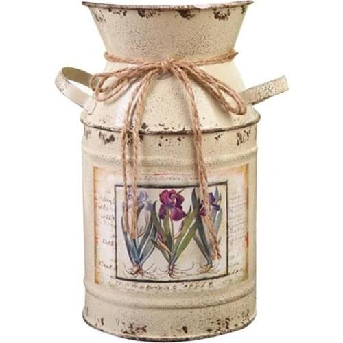 Creative Milk Jug Shape Vase Rustic Tie Hemp Rope Flower Decorative Vase Metal Can Land Jug For Home Decor Flower Bottle