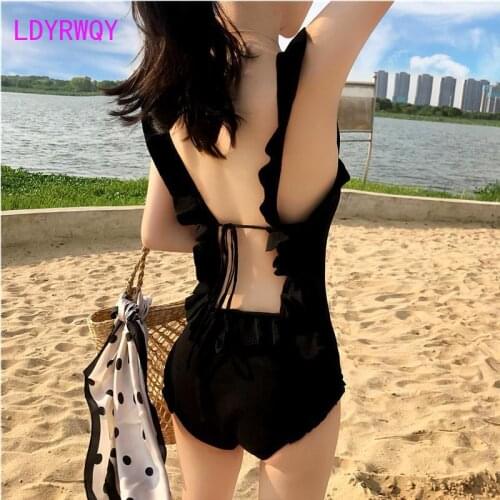 LDYRWQY 2021 South Koreas new ruffled halter back slim body covering belly solid color conservative one-piece bikini swimsuit