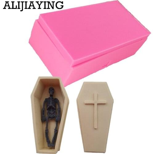 M0710 4Pcs/set Hot selling 3D Skull Halloween Skeleton Coffin sugar cake silicone mold vampire coffin mold box mold