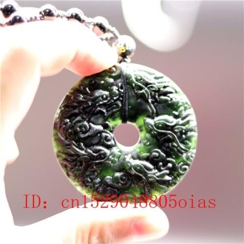 Natural Black Green Chinese Jade Nine Dragons Pendant Necklace Charm Jewelry Double-sided Hollow Carved Amulet Gifts for Her