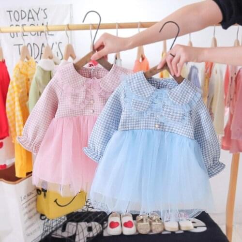 Toddler Kids Clothes 2021 Spring Autumn Baby Girls Korean Fluffy Mesh Knitted Princess Dress Pink Blue Cute Long-Sleeve Costume