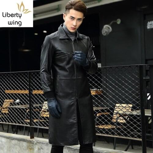 Genuine Windbreaker Slim Fit Stand Collar Warm Overcoat Winter Formal Long Coat Men Cow Leather Jacket Plus Size 4XL