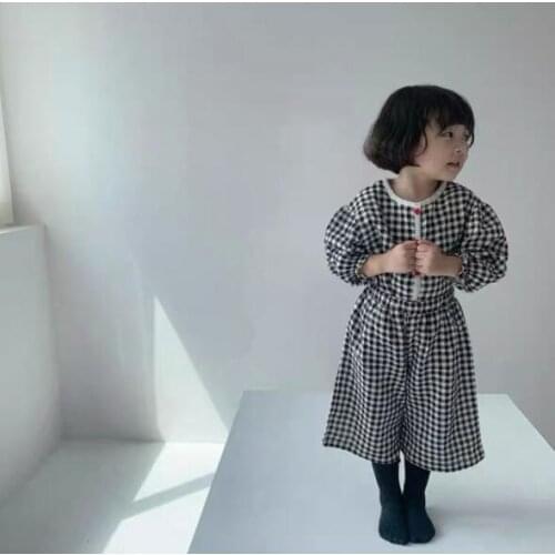 Spring Autumn Girl Kids White Black Plaid Casual Long-sleeved Baby Shirt + nine Wide-leg Pants Two-piece Outer Wear Cute Clothes