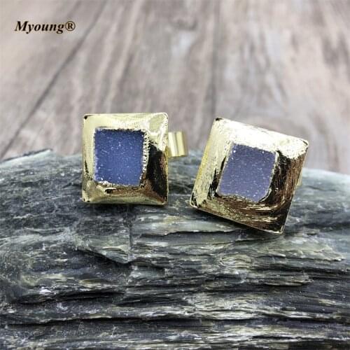 Gold-Plated Natural Agates Druzy Adjustable Stone Ring Jewelry MY210611