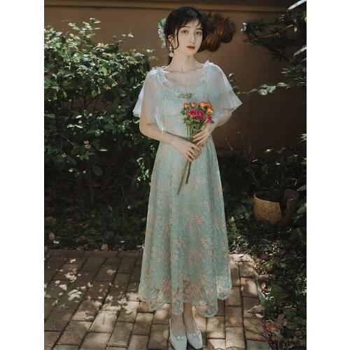 2021 Summer Chic Casual Short Sleeve embroidery Women Maxi Dresses Chiffon Square Collar Ladies Floral Dress A-Line Ladies Robe